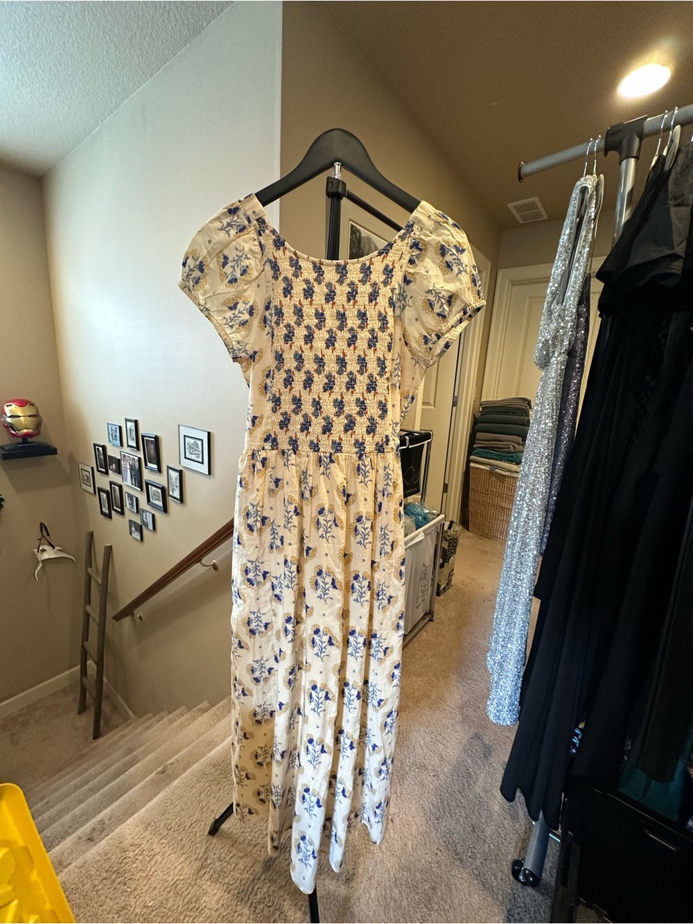 Bila Yellow Floral Smocked Midi Dress with Puff Sleeves - Picture 2 of 4